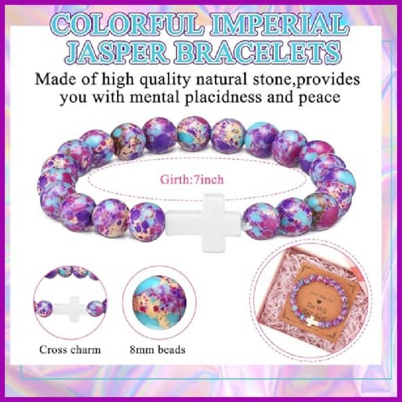 12-Piece Stretch Bracelet Set with Religious Cards, Natural Stone Beads - Picture 3 of 8